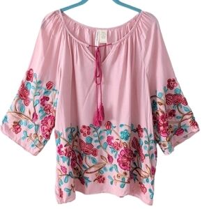 Forgotten Grace cotton pink embroidered tessel boho shirt top blouse pink XL @M2